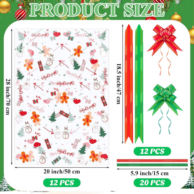 12 PCS Large Christmas Basket Bags – Clear Cellophane with Red & Green Ties