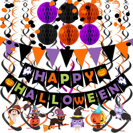 Happy Halloween Banner, Triangle Flags, Confetti, Honeycomb Balls & Swirl Streamers