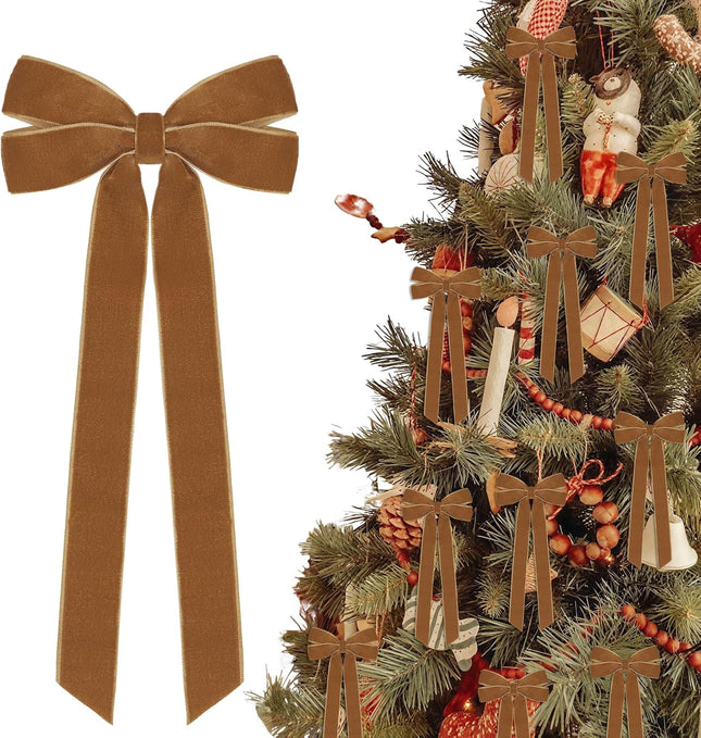 12-Piece Vintage Velvet Ribbon Bows – 5in x 10in Brown Xmas Tree Decorations
