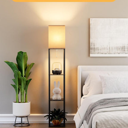 Floor Lamp with 3-Tier Shelves, 3 CCT LED Bulb and White Linen Shade for Living Room