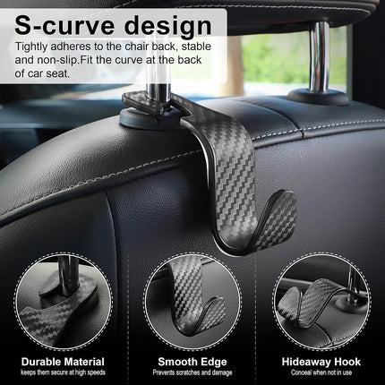 4 Pack Car Purse Hooks, Universal Seat Headrest Hangers, Carbon Fiber Black