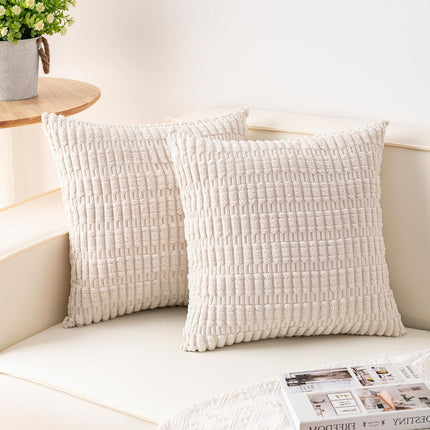 2-Pack Corduroy Throw Pillow Covers – 18x18”, Soft Striped, Cream White