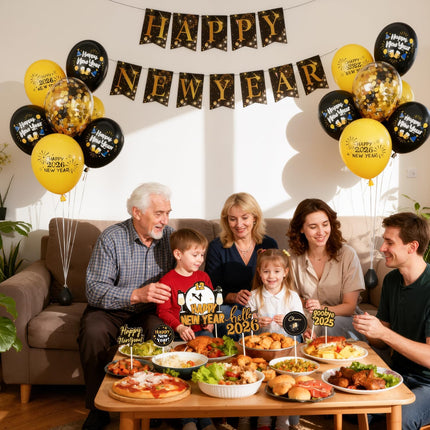 Happy New Year 2026 Party Decorations – Black & Gold Balloons & Banner Set