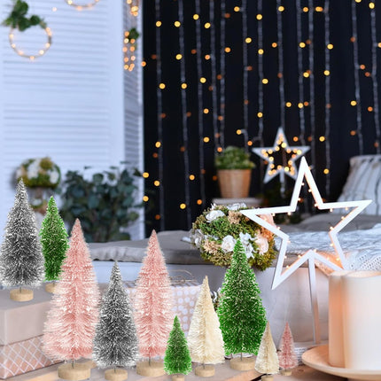 8PCS Mini Christmas Trees – White Bottle Brush Tabletop Trees with Wood Base & Wreaths