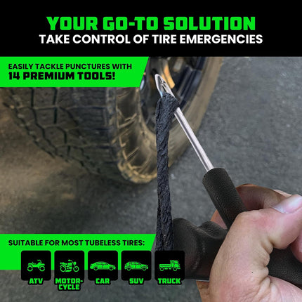 14-Piece Tire Plug Repair Kit, Heavy-Duty Tubeless Puncture Tool Set for Car ATV