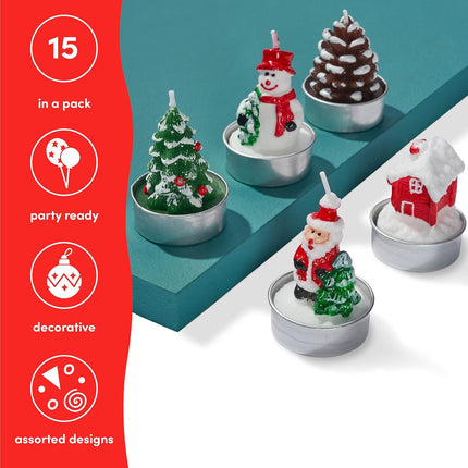 Christmas Tea Light Candles, Mini Unscented Set of 5 with Xmas Tree, Santa, Snowman, Pinecone Designs