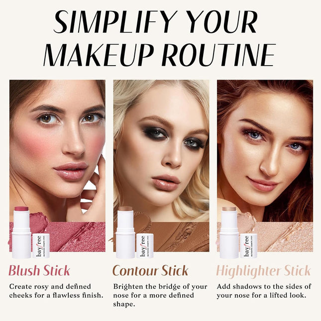 3Pcs Face Sticks Trio, Blush Highlighter Contour Makeup Sticks with Brush, Blendable