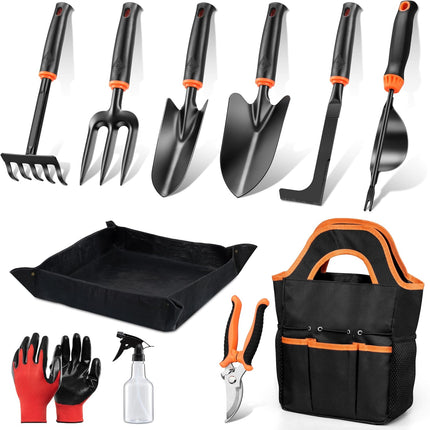 11Pcs Garden Tools Set with Tote Bag, Repotting Mat, Trowel, Rake & Pruner