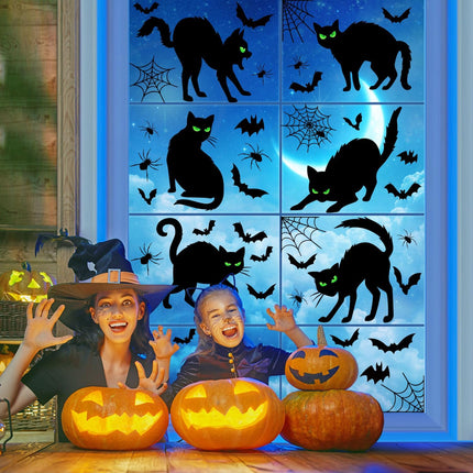 6-Sheet Halloween Black Cat Window Clings, Bat & Spider Web Silhouette Decals