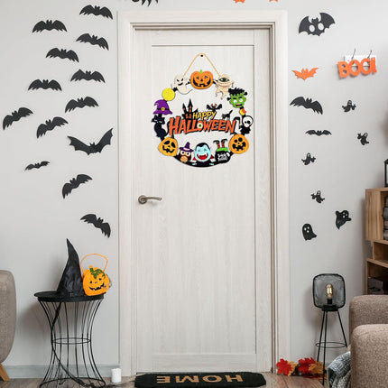 Halloween Wooden Pumpkin Ghost Door Wreath, Happy Halloween Hanging Sign Front Door