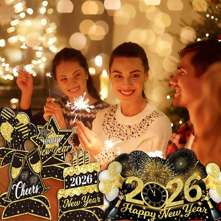 Happy New Year 2026 Table Decor – Black & Gold Honeycomb Centerpieces
