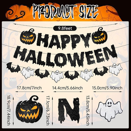 Black Glitter Happy Halloween Banner, Pumpkin Ghost Bat Garland for Party Decor