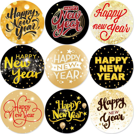 500-Piece Happy New Year Labels – Black & Gold Glitter Stickers for Party