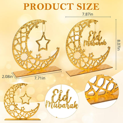 2-Piece Golden Wooden Eid Mubarak Table Sign Moon & Star Decor 8x7.67"
