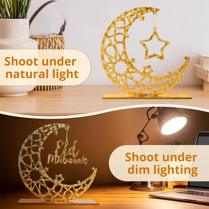 2-Piece Golden Wooden Eid Mubarak Table Sign Moon & Star Decor 8x7.67"