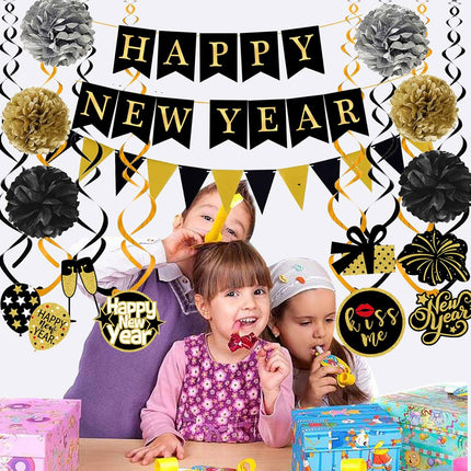 Happy New Year 2026 Hanging Bunting – Flags, Pom Poms & Swirl Garland
