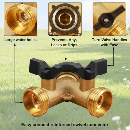 2-Way Garden Hose Splitter – Heavy Duty Brass Tap Connector with 2 Valves