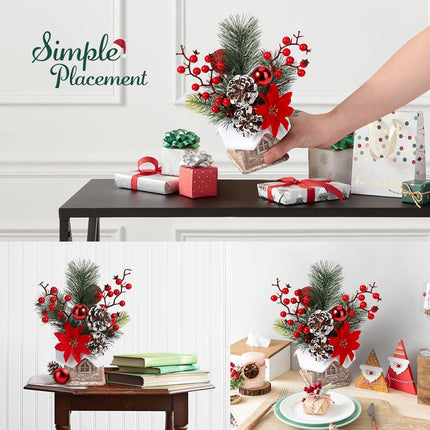 Small Christmas Tree with Snow Tabletop Decor with Ornaments, Pine & Berry