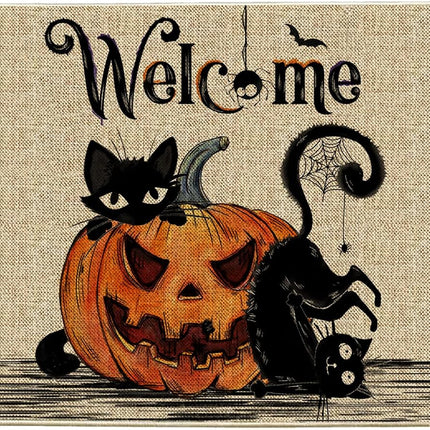 Halloween Door Mat 17x29in, Cat Pumpkin Welcome Rug for Front Door Outdoor Decor