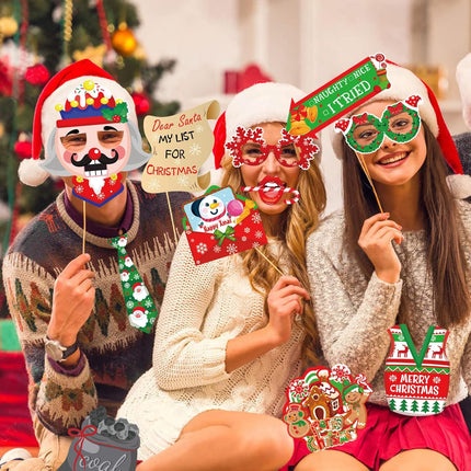 44PCS Christmas Photo Booth Props – Santa, Snowman & Candy Cane Selfie Signs