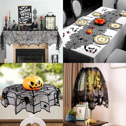 5-Piece Halloween Lace Decor Set, Spiderweb Table Runner, Mantel Scarf & 3D Bats