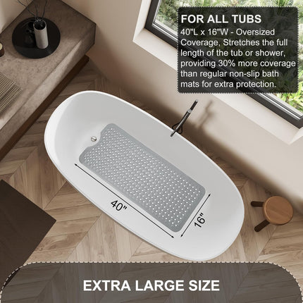 Extra Large Gray Bath Mat – 40x16", Non-Slip, Drain Holes, Washable