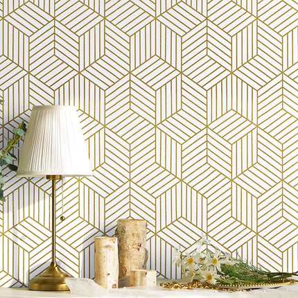 Peel and Stick Wallpaper Boho Style White Gold Geometric 15.7x78.7 Inch Wall Cover