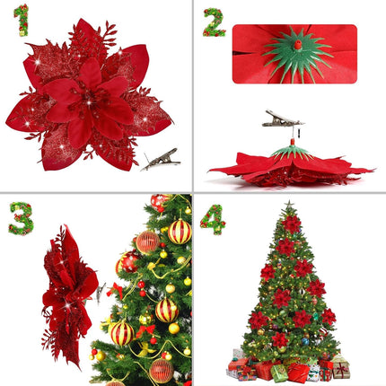 15PCS Christmas Poinsettia Ornaments – Glitter Flowers with Clips & Stems