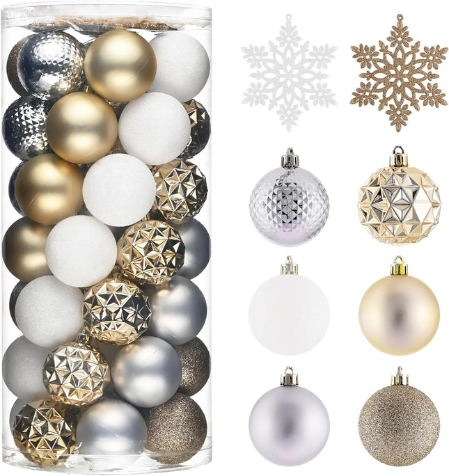 White and Gold Christmas Balls – 50ct Shatterproof Ornaments, 2.36 Inches