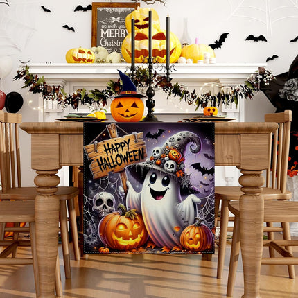 Halloween Ghost Pumpkin Table Runner 13x72in, Polyester Dining Table Decor