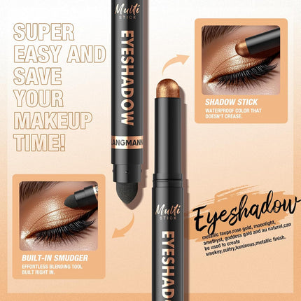8 Color Dual-Ended Eyeshadow Stick Set, Waterproof Matte Shimmer, Smoky Eye Makeup