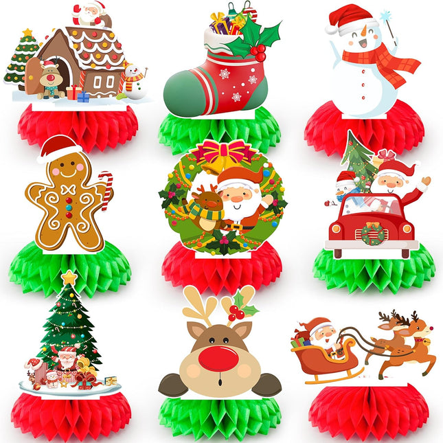 9-Piece Christmas Honeycomb Centerpieces, Santa Claus & Snowman Red/Green Holiday Decor