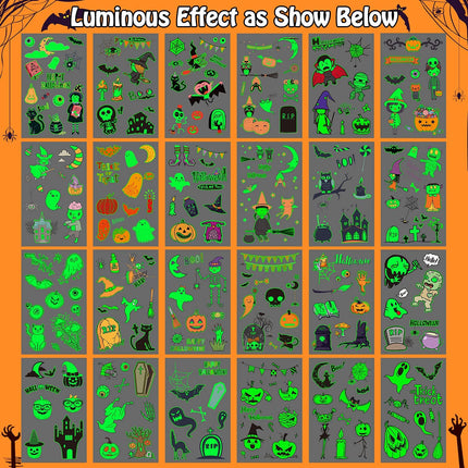 250-Style Halloween Glow Temporary Tattoos, 24 Sheets, Kids Party Favors & Goodie