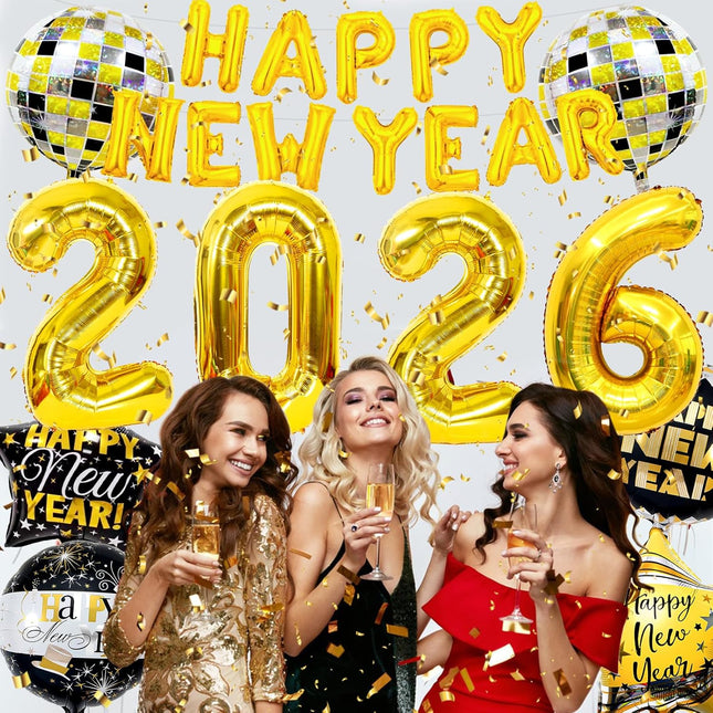 New Year 2026 Balloon Set – Gold Foil & Disco Ball NYE Party Supplies