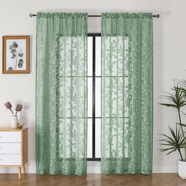 Sage Green Sheer Curtains 84 Inch Long, 2 Jacquard Leaf Pattern Light Filtering Panels