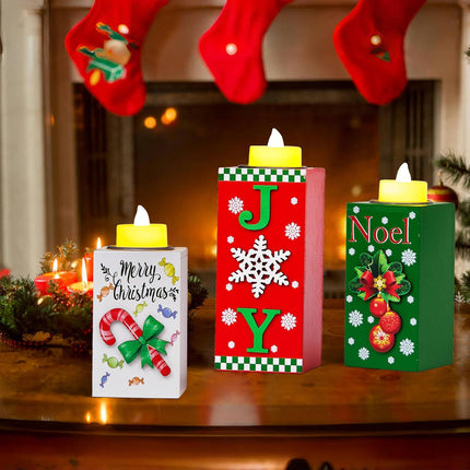 3 PCS Wood Candle Holders with LED Tea Lights, 3D Carved Xmas Centerpieces