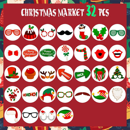 32PCS Christmas Photo Booth Props – Fun Holiday Selfie Props for Kids & Adults