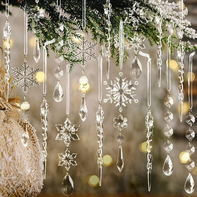 18PCS Acrylic Crystal Christmas Ornaments – Snowflakes & Icicles for Tree