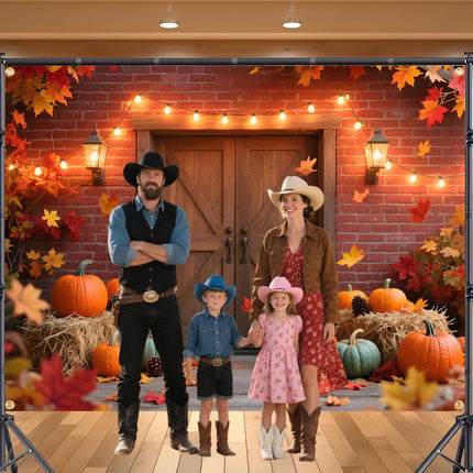 Large 7x5FT Fall Backdrop – Autumn Pumpkin, Maple Leaves, Barn Wood & Ribbon for Parties