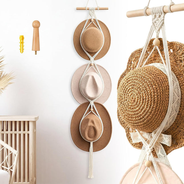 Macrame Hat Hanger for Wall, White Boho Cowboy Hat Organizer with 3-Hat Storage