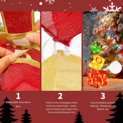 3PCS Lighted Christmas Nesting Boxes – JOY Gift Box Set, 2.6FT, Battery Operated