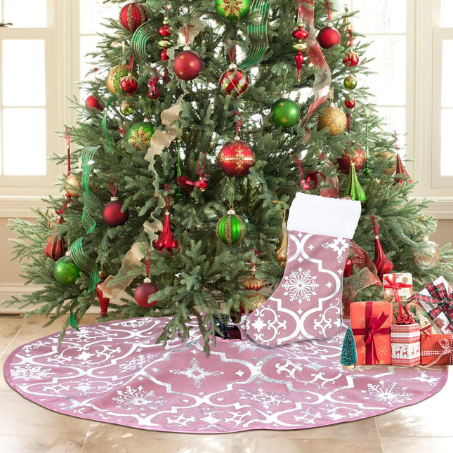Rose Pink Christmas Tree Skirt with Stocking – Elegant Xmas Tree Decoration Set
