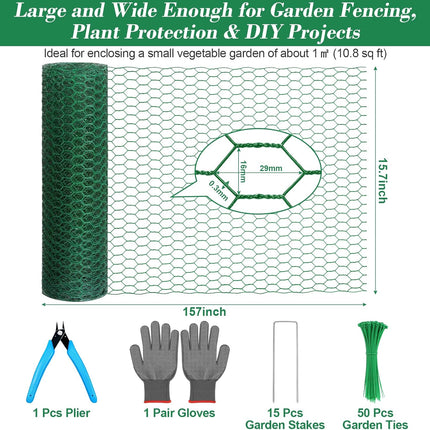 Green Chicken Wire Plant Protectors – 15.7 x 157 in with Stakes & Pliers for Garden