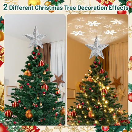 Silver Star Tree Topper – Built-in LED Rotating Projector, 6 Lighting Modes