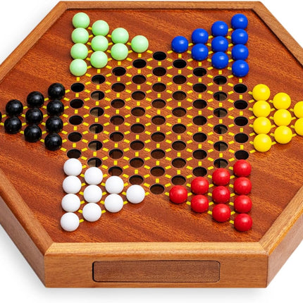Wooden Chinese Checkers Game Set with Storage Drawer 60 Color Pieces