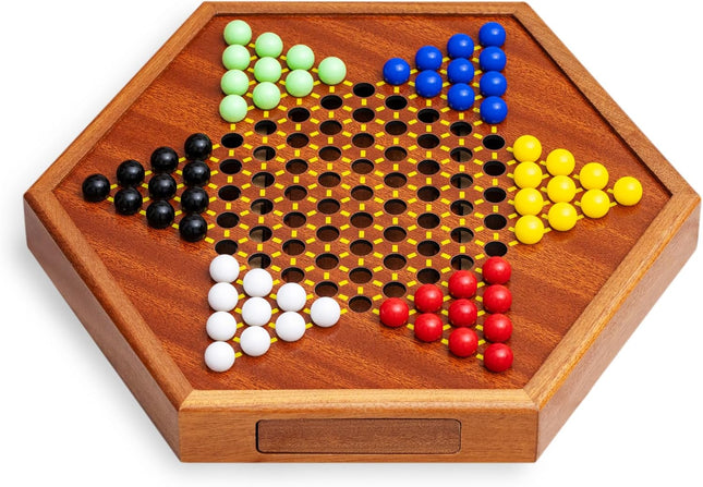 Wooden Chinese Checkers Game Set with Storage Drawer 60 Color Pieces