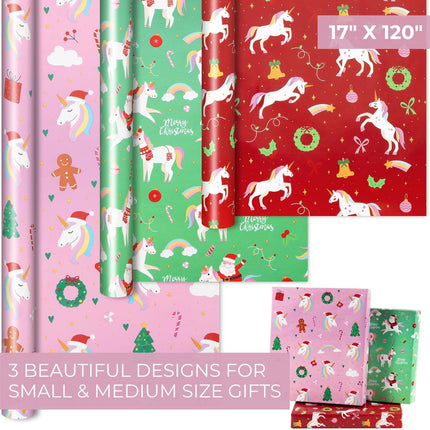 3PCS Festive Unicorn Wrapping Paper – Magical Christmas Gift Wrap for Kids