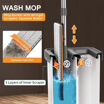 Flat Mop & Bucket Set with Wringer, 3 Microfiber Pads, Wet & Dry Use