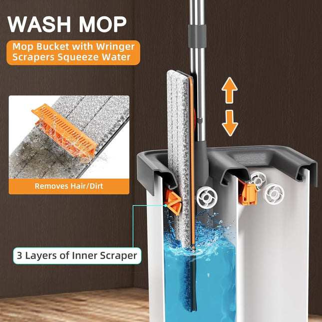 Flat Mop & Bucket Set with Wringer, 3 Microfiber Pads, Wet & Dry Use