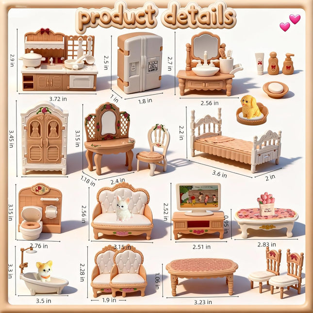 38-Piece Dollhouse Furniture Set – Mini Kitchen, Bedroom, Living Room & Pets
